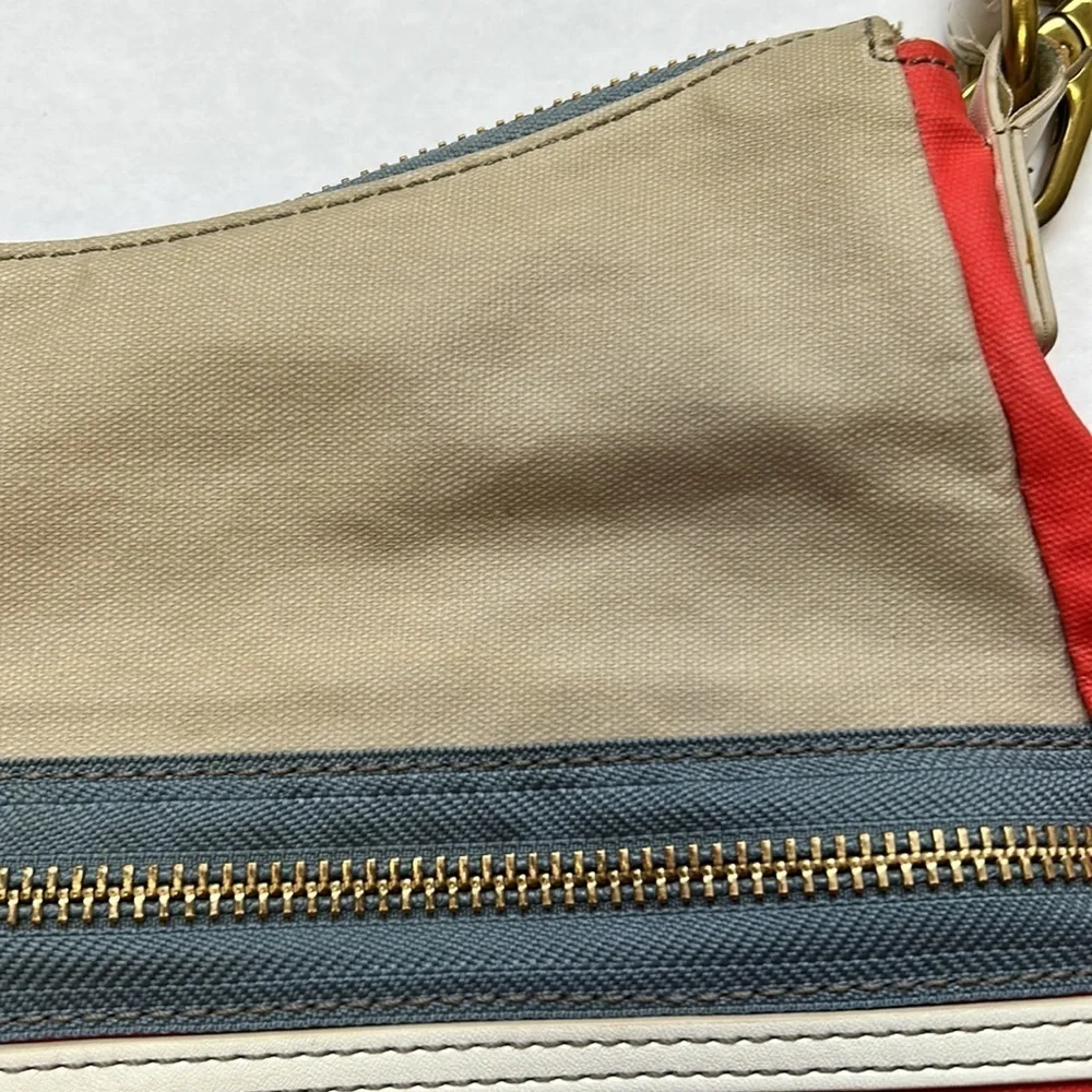 Fossil hobo shoulder and crossbody orange and tan textile bag 3 zipper closures